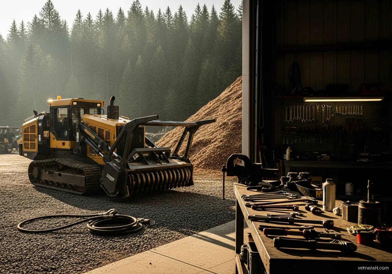 Forestry mulching equipment and crew tools ready for land clearing operations in North Idaho forest terrain.