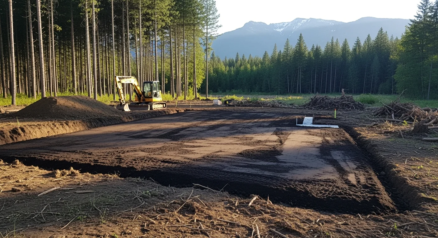 Excavator moving soil during site preparation and grading work