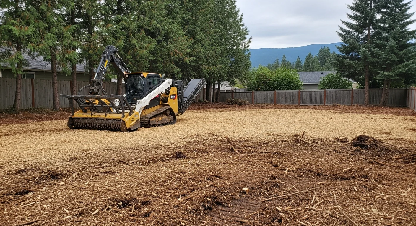 Forestry mulching equipment clearing overgrown land with trees and brush