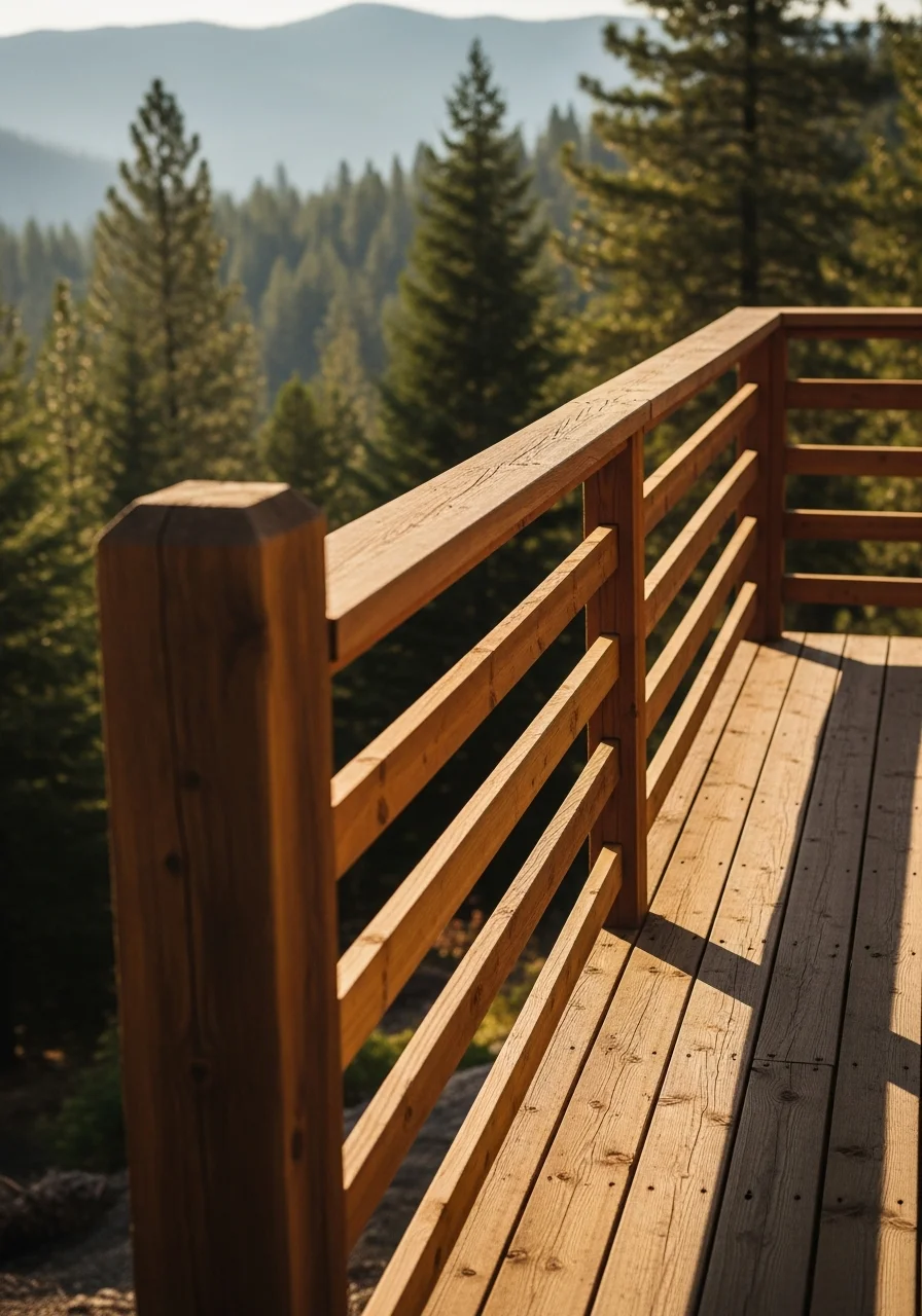 Close-up of a newly constructed deck railing overlooking forested terrain, representing quality craftsmanship in Bonner County mountain communities.