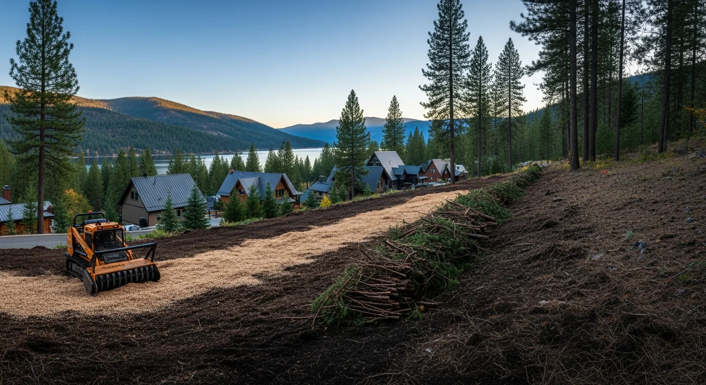 Mountain valley with lakefront homes nestled among pine trees under clear Idaho sky, showcasing Bonner County's scenic residential landscape.