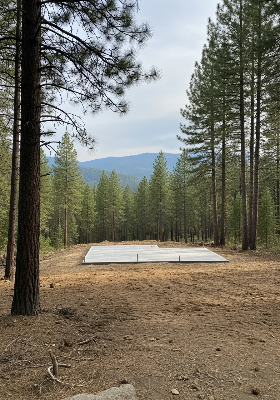 Completed residential foundation work in a forest clearing with mountains visible beyond, showing construction capability in Boundary County's challenging terrain.