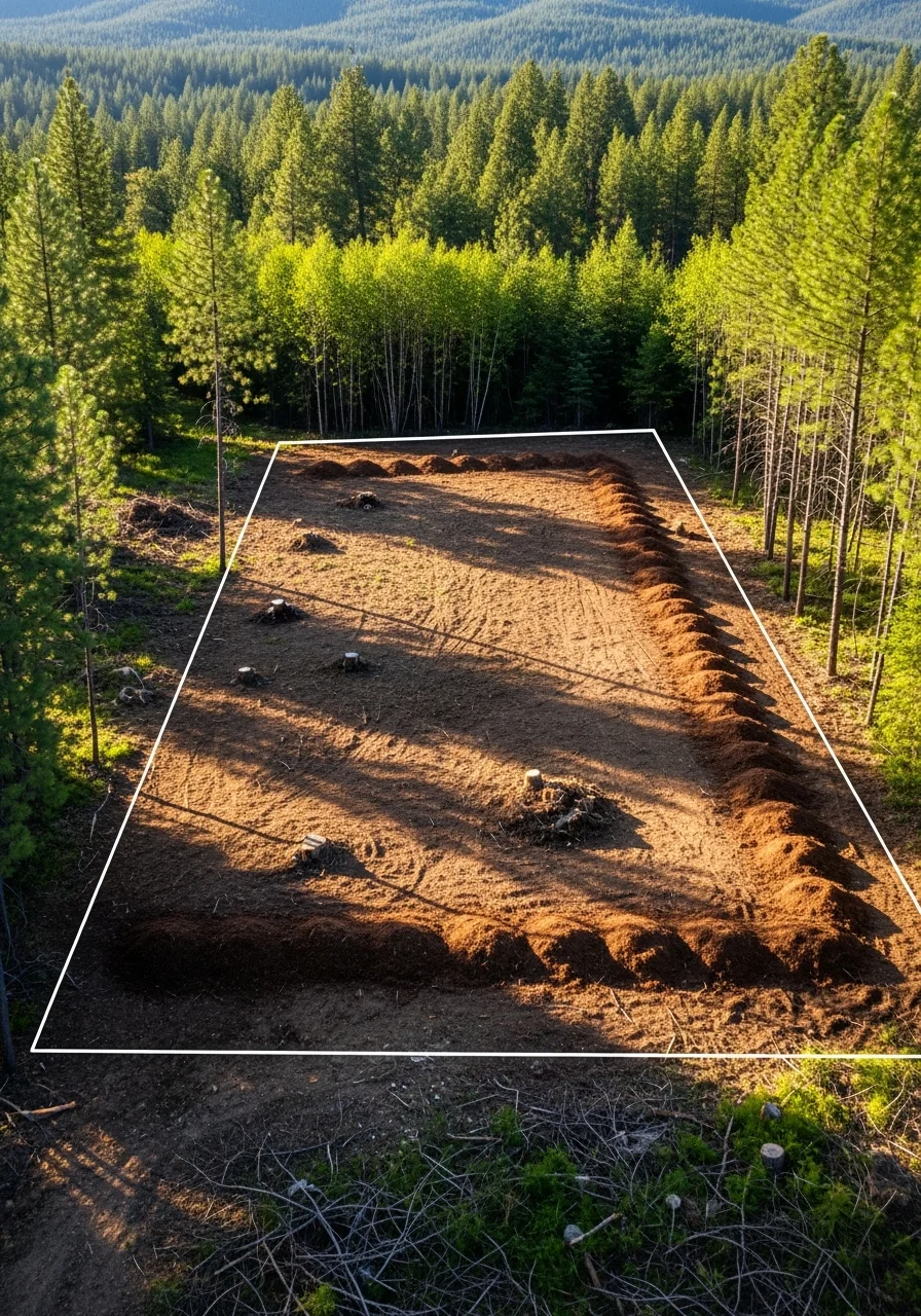 Aerial perspective of a completed residential project in a Panhandle mountain setting with forest backdrop and clear property boundaries visible.
