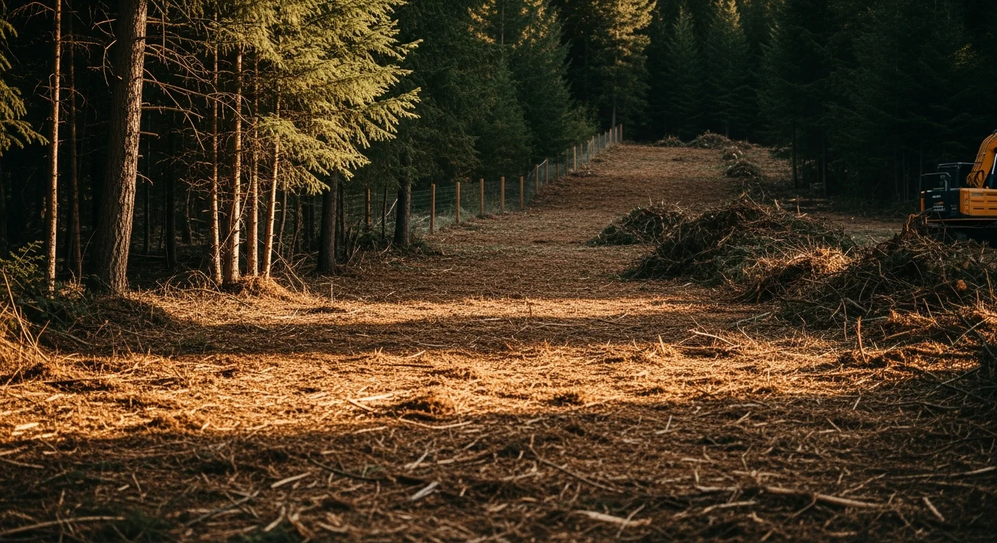 A Bonner County, Idaho rural property after professional brush removal, showing cleared undergrowth and open land with a light mulch layer covering the ground. Dense shrubs and overgrown thicket along a fence line have been ground down, leaving the property boundary visible and accessible.