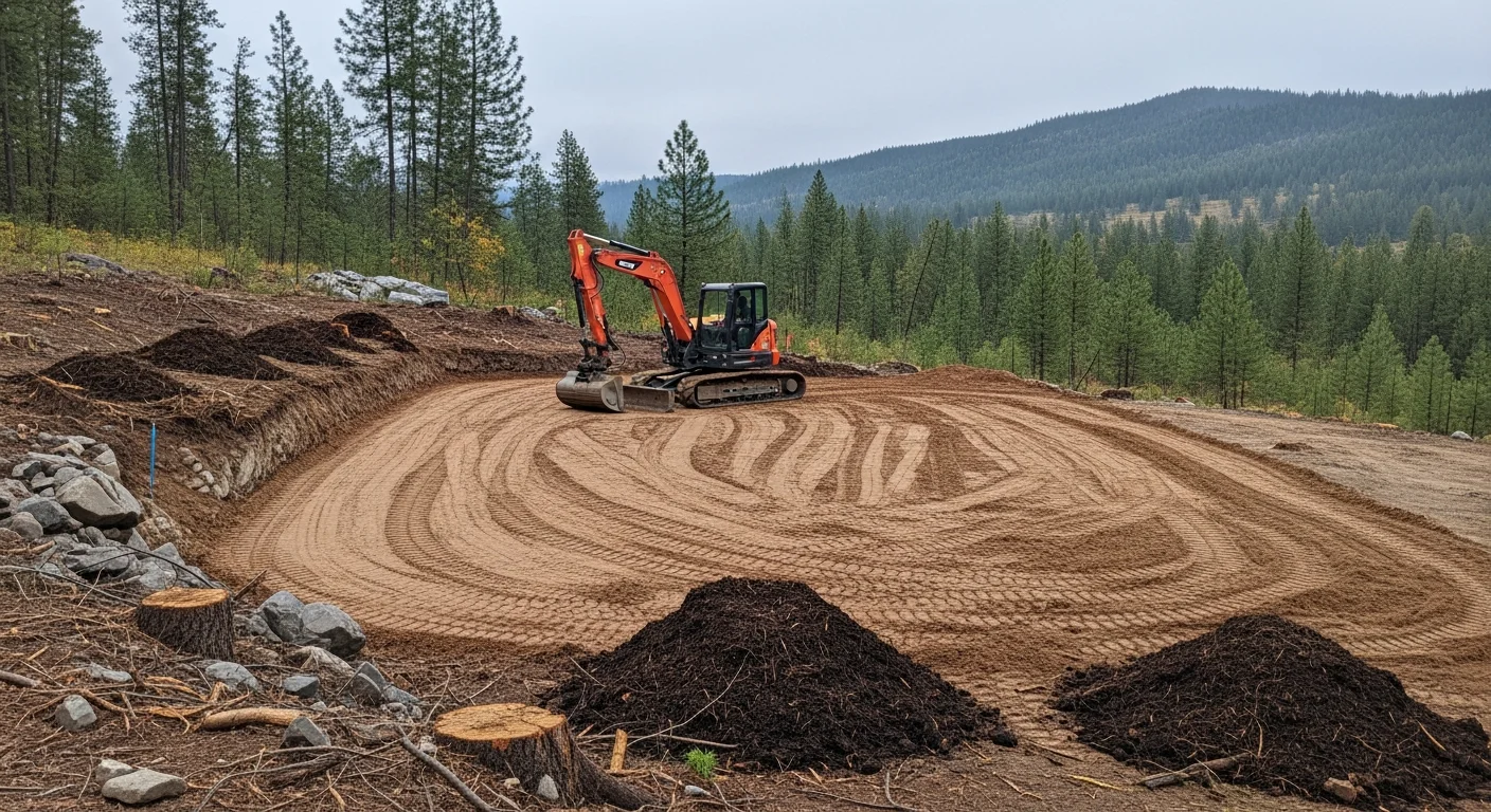 A freshly cleared and graded building site on a wooded rural lot in Bonner County, Idaho, with stumps removed and a level pad ready for construction. Surrounding trees remain standing at the parcel edge, showing selective forestry mulching work.