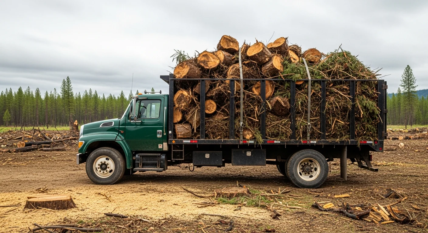 A cleared Bonner County property with slash piles and logging debris loaded onto a haul truck, leaving bare ground and standing timber visible in the background. North Idaho forested terrain surrounds the work site.