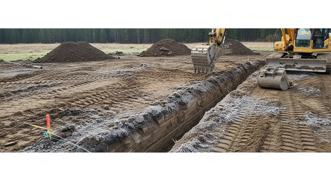 A tracked excavator cutting into rocky, root-laced soil on a sloped wooded lot in Bonner County, Idaho. The cleared area shows fresh grading work with exposed subgrade ready for foundation or utility installation.