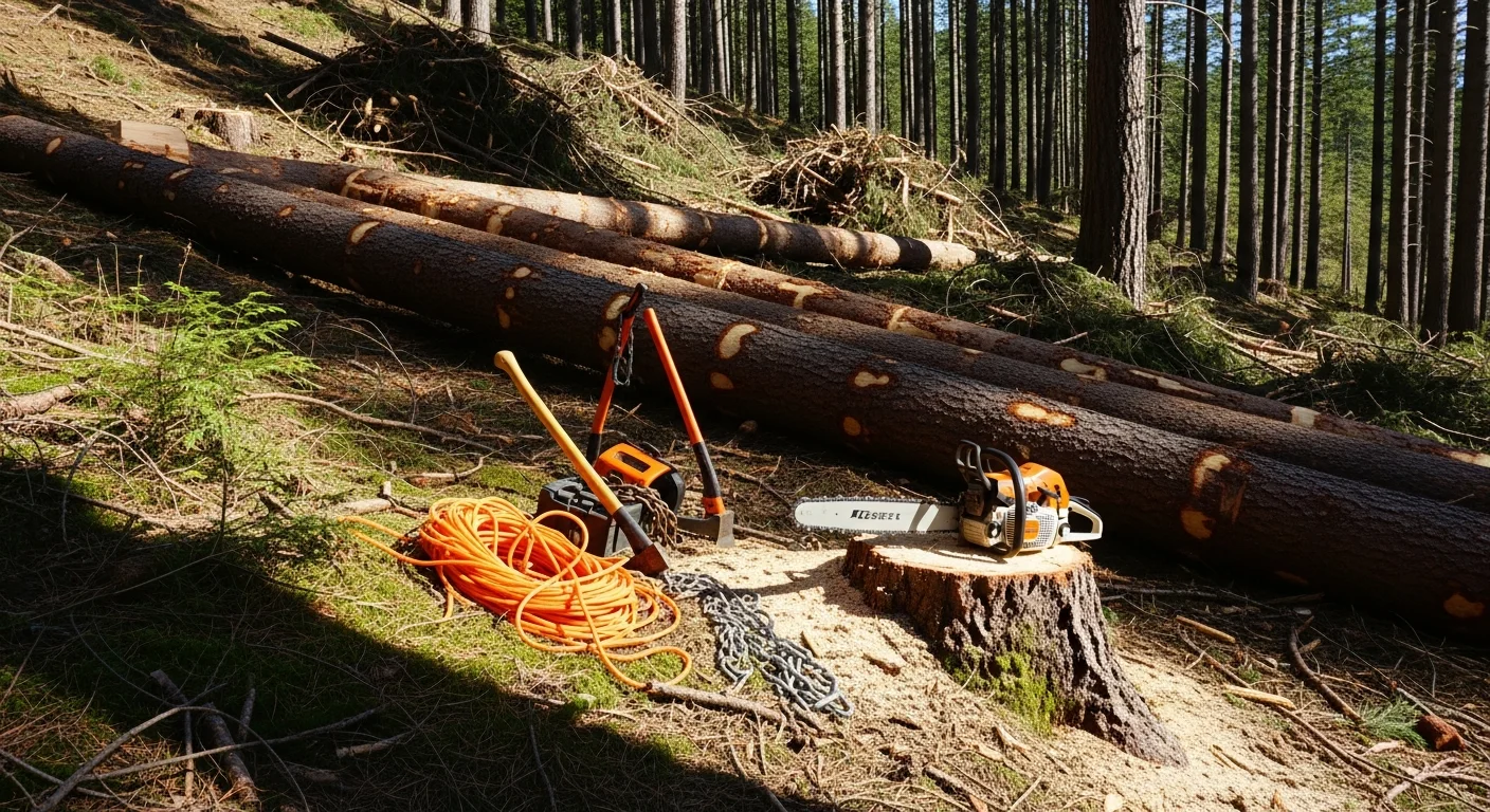 A large fallen conifer lying across a rural driveway on a wooded Bonner County, Idaho property, with cut sections staged along the tree line after removal. The cleared driveway and surrounding debris-free ground show the completed fallen tree removal work.