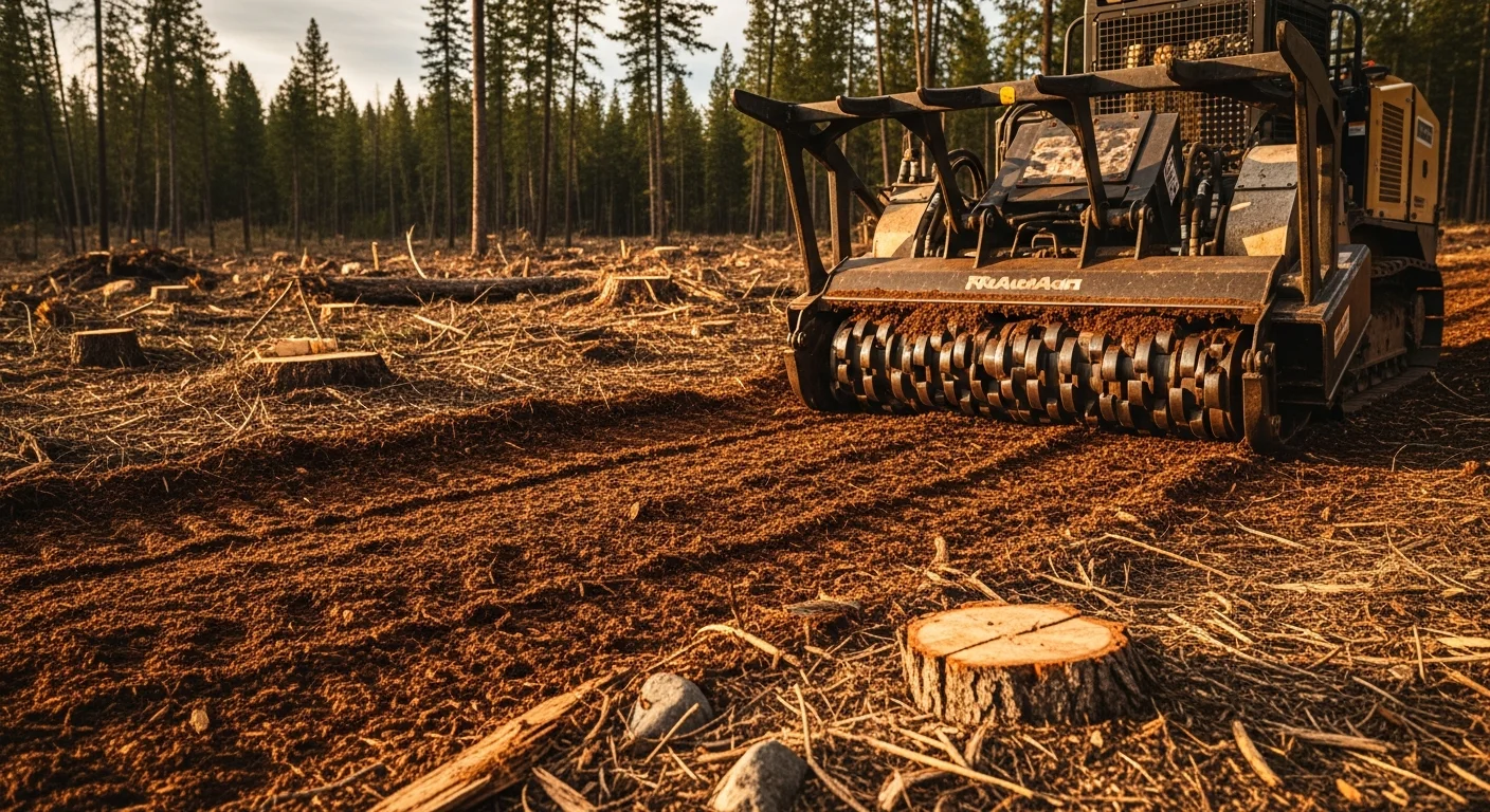 A forestry mulching machine clearing dense brush and undergrowth on a sloped, timbered property in Bonner County, Idaho. The cleared area shows a ground layer of fresh wood mulch with mature trees left standing.