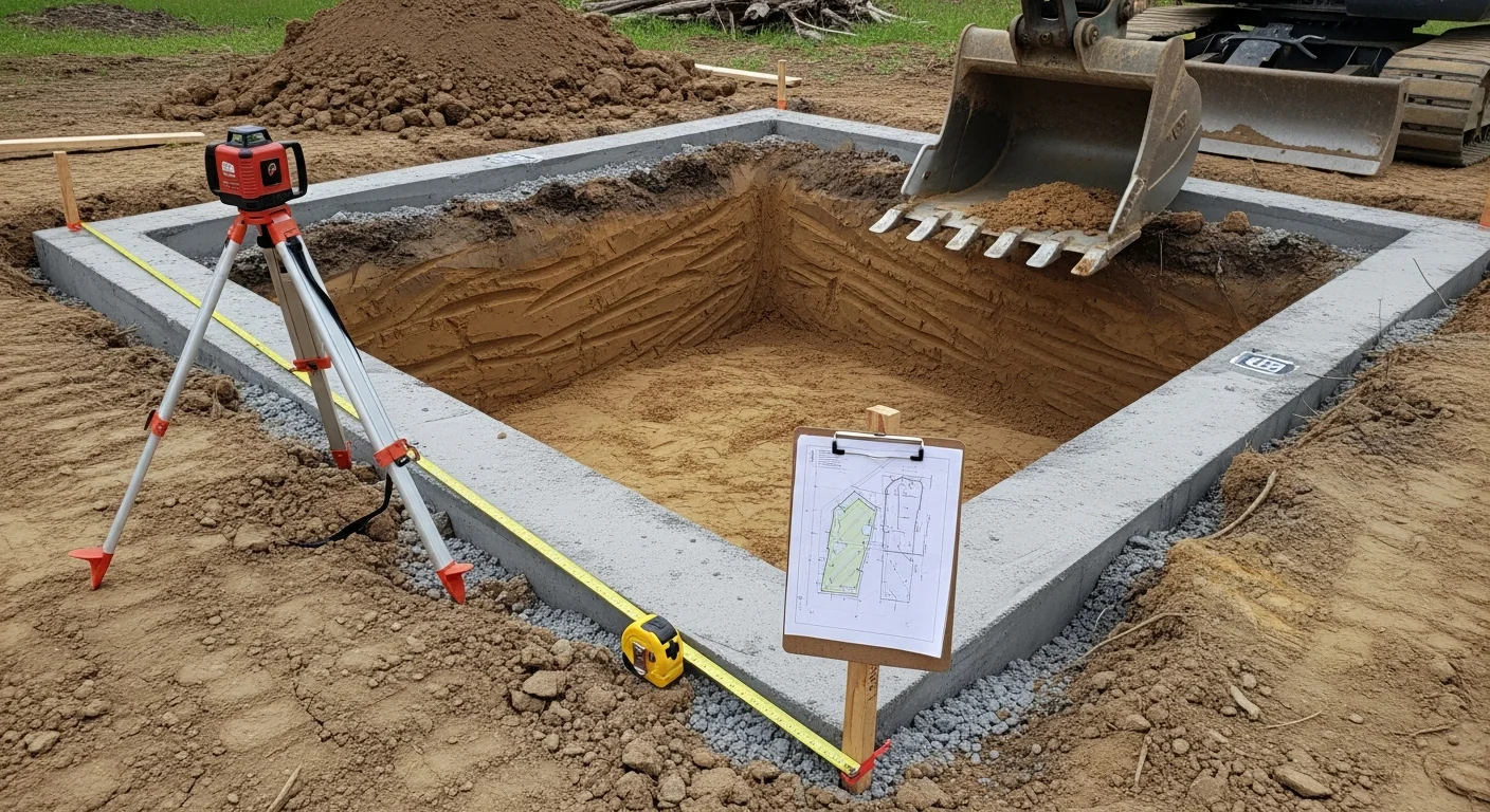A tracked excavator cuts a deep foundation trench on a residential lot in Bonner County, Idaho, with clean vertical walls and exposed soil ready for concrete footing work. Surrounding terrain shows the wooded, sloped landscape typical of North Idaho building sites.