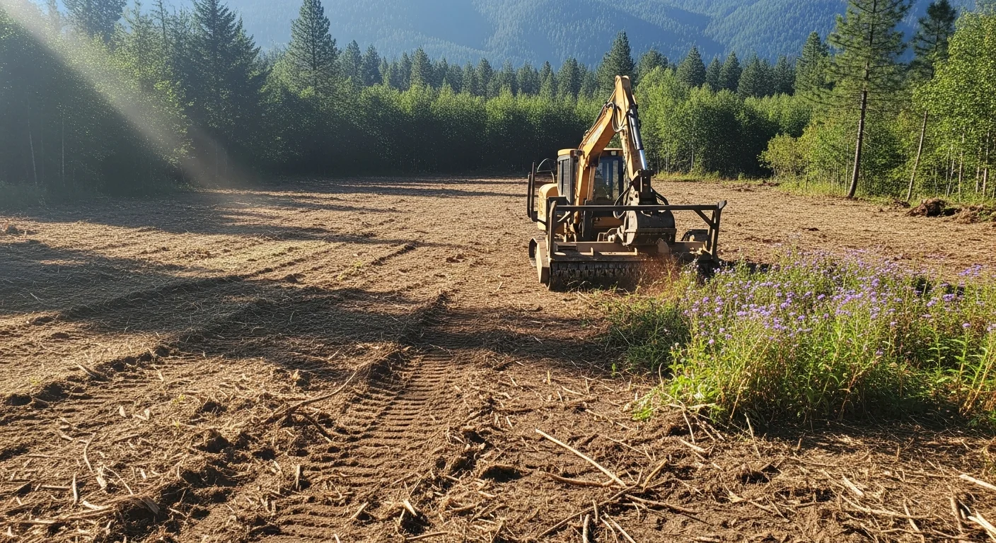A Bonner County wooded parcel after forestry mulching, showing cleared ground with a layer of wood chip mulch where dense invasive brush once stood. Surrounding trees and native vegetation remain intact along the property edge.