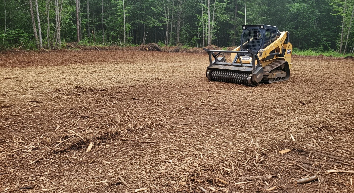 A forestry mulcher working through dense brush and mixed-conifer undergrowth on a sloped residential property in Bonner County, Idaho. The cleared area shows a ground-level mulch layer with mature trees left standing in the background.