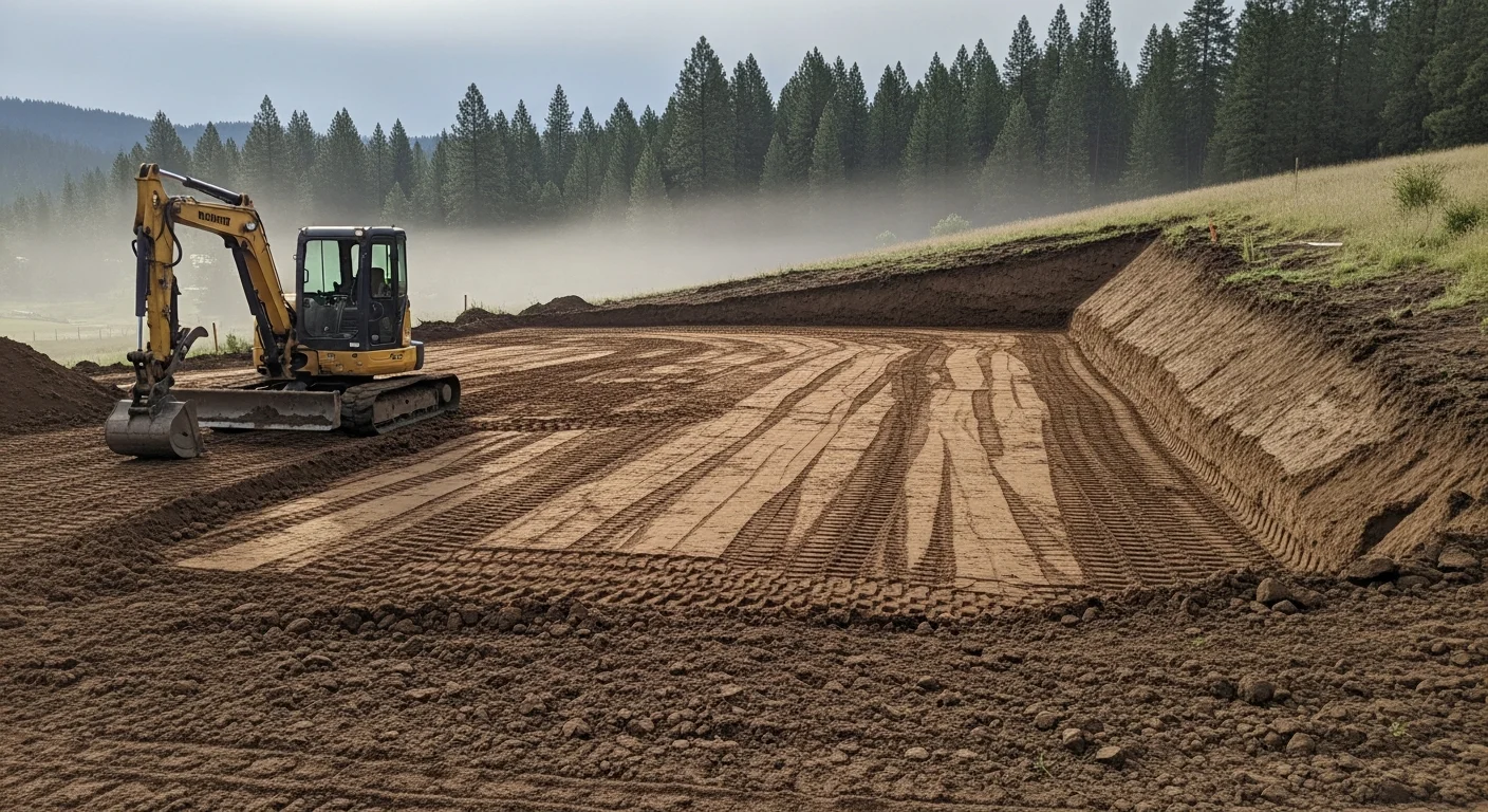 A graded rural lot in Bonner County, Idaho showing a level building pad with smooth, sloped edges directing water away from the cleared site. Surrounding forested hillside and excavation equipment visible in the background.