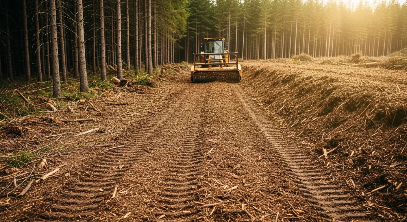 A Bonner County timber parcel after logging cleanup, with forestry mulching equipment having processed slash piles and limb debris into ground cover across a cleared mixed-conifer site. The forest floor is visible and free of large debris, with standing trees remaining on the perimeter.