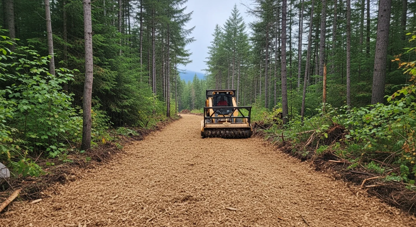 A freshly cleared right-of-way corridor running through dense mixed-conifer forest on a sloped Bonner County, Idaho property. Ground-level mulch covers the cleared path, with mature trees standing on both sides of the defined access line.