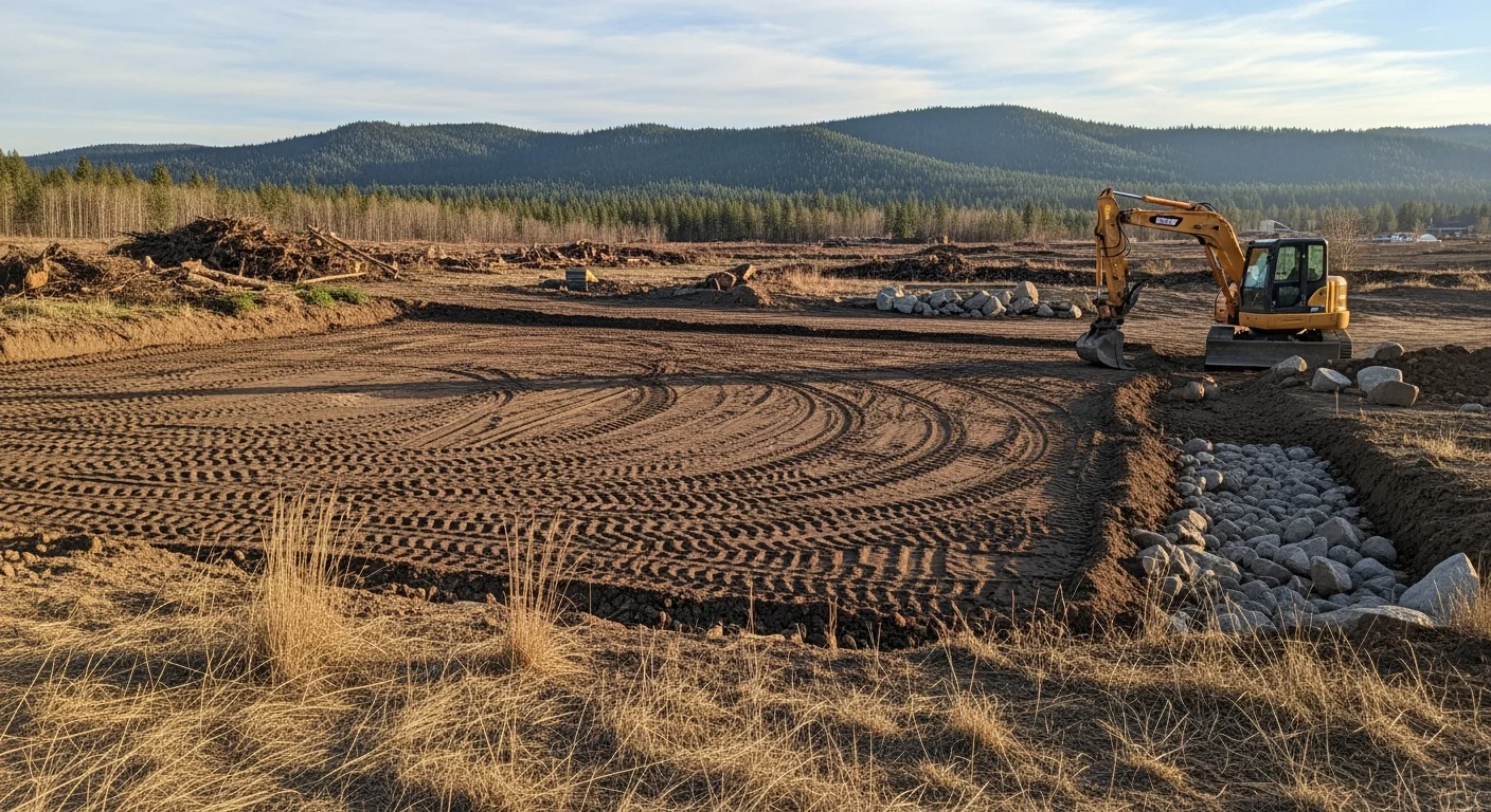 A Bonner County wooded lot after site preparation, showing cleared and graded ground with stumps removed and a level building pad ready for construction. Surrounding timber and Idaho hillside terrain visible in the background.