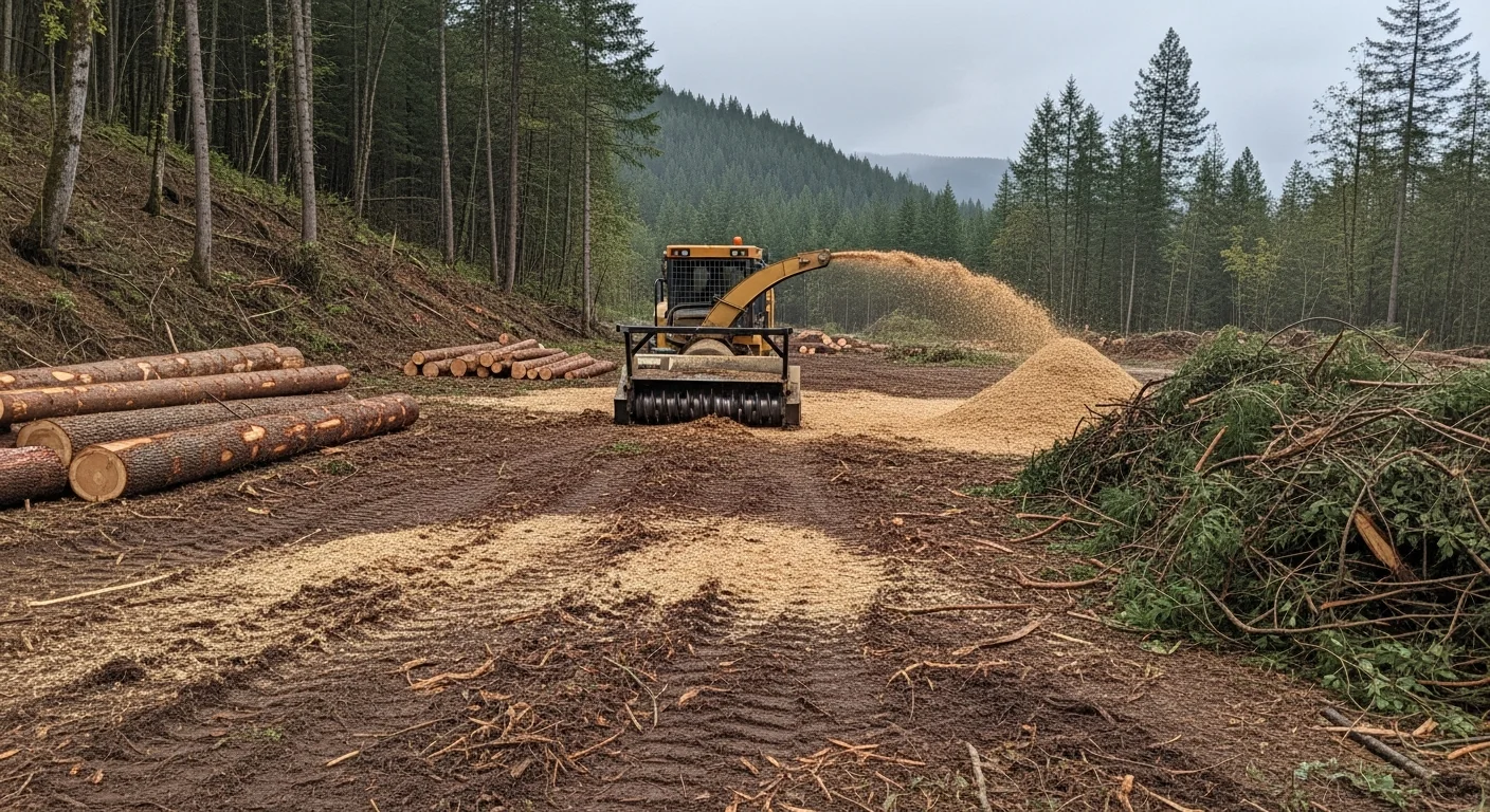 A Bonner County wooded property after storm debris removal, showing cleared ground with mulched material spread across the forest floor and no remaining downed trees or slash piles. Healthy standing timber remains intact along the cleared area.